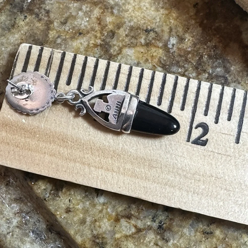 VTG ANNI‎ Stud Dangle Earrings 1.875 Inch Castle Black Onyx 925 Sterling 10.6g